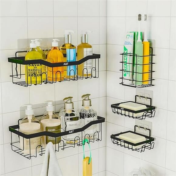Adhesive Shower Caddy Set Rustproof Stainless Steel Wall Mounted Bathroom Organi - Picture 8 of 8
